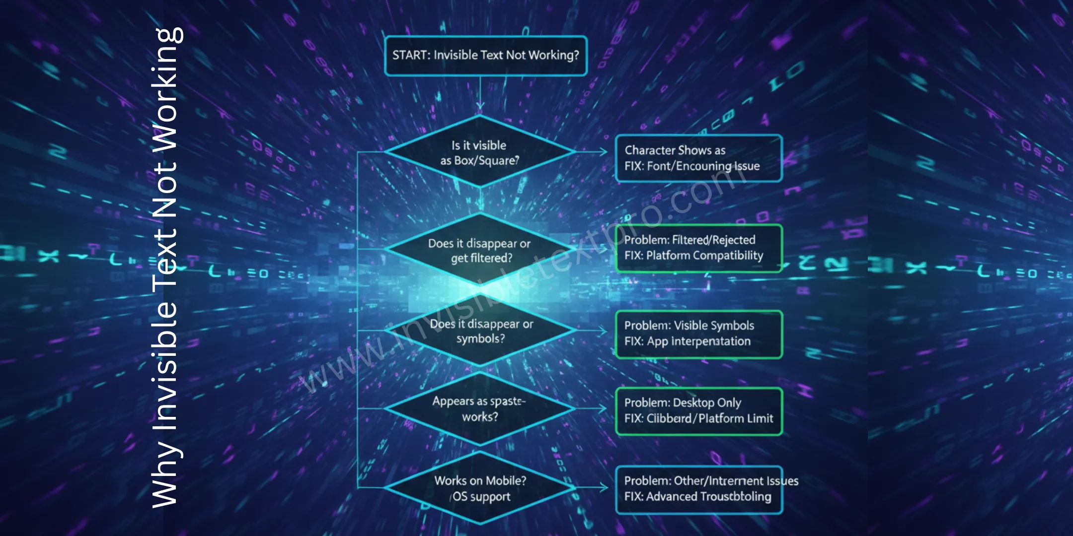 Invisible Text Not Working 2025 | Fix All Issues Fast 4 Flowchart showing how to identify invisible text problems - from copying character to testing on platform
