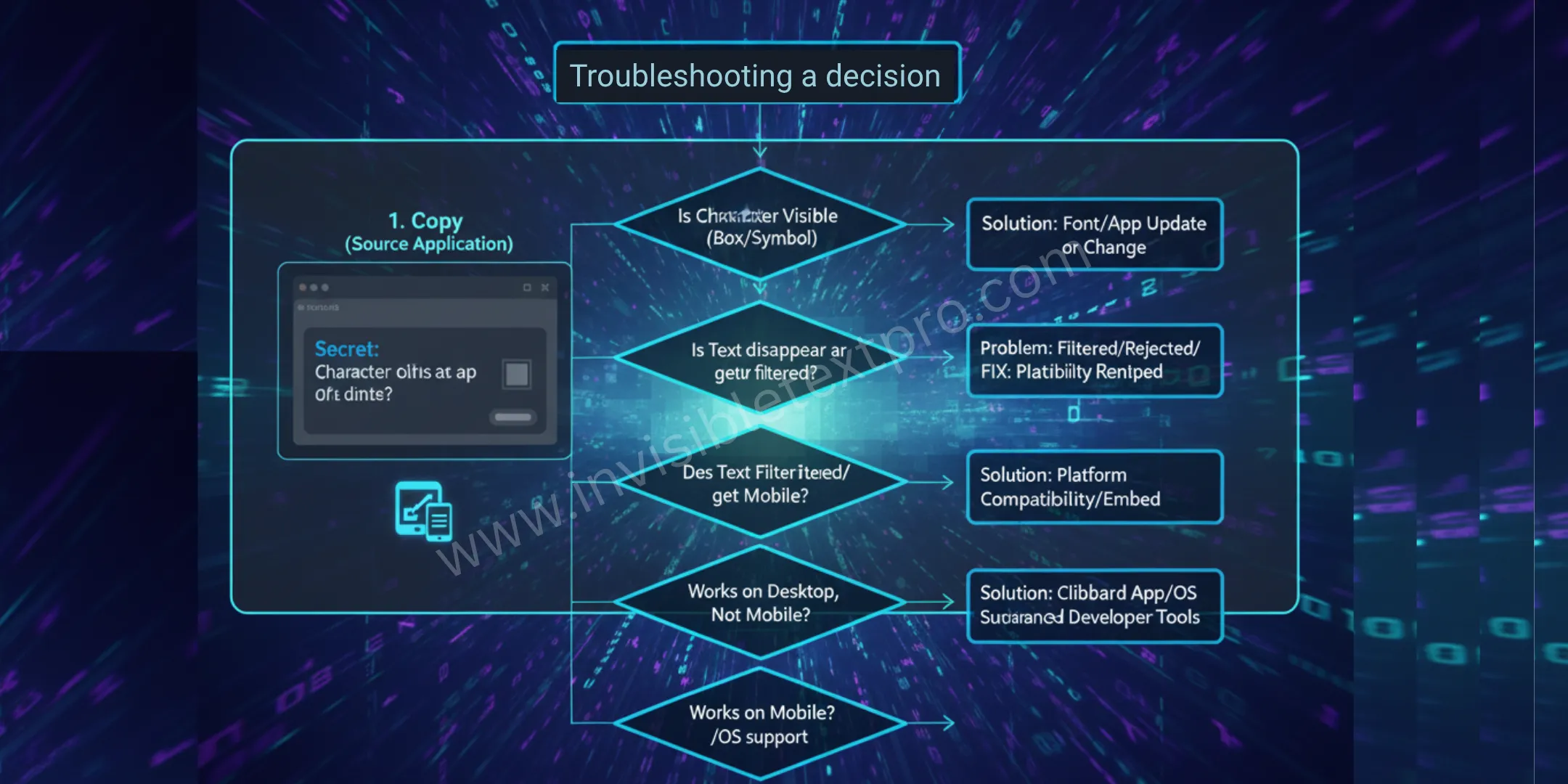 Invisible Text Not Working 2025 | Fix All Issues Fast 3 Decision tree flowchart for troubleshooting invisible text errors with solution paths